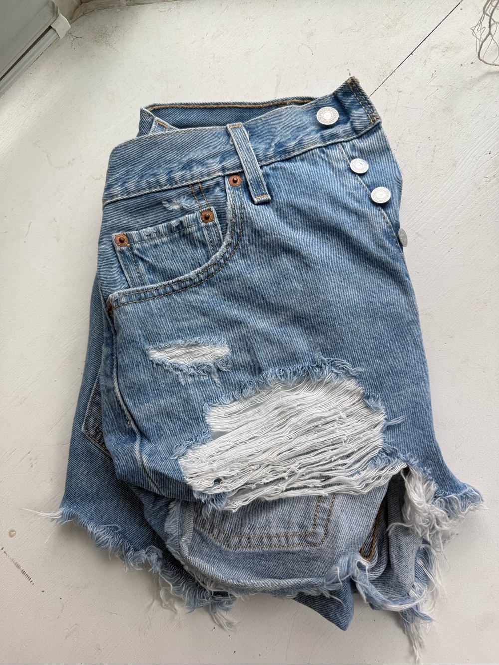 Levi's size 29 Light Blue High-Rise Distressed Denim Shorts